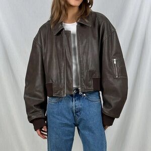 NWT Meotine Bonnie Cropped Leather Bomber, Brown
